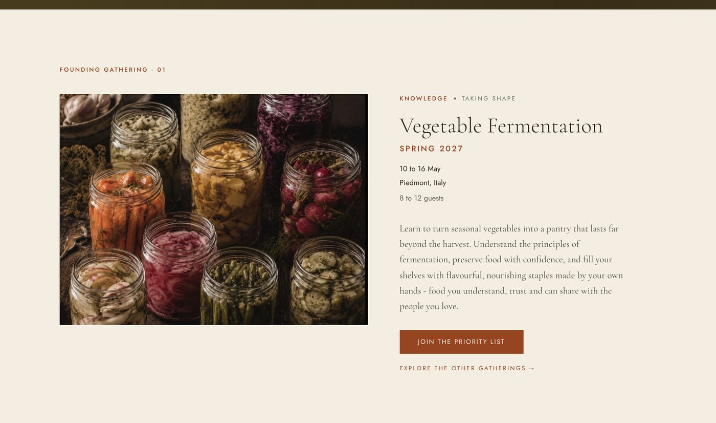 A gathering page: Vegetable Fermentation, spring 2027 in Piedmont, with a priority list button
