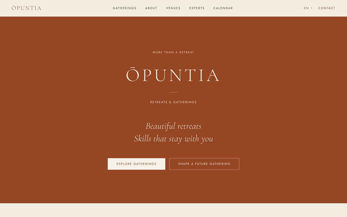 ŌPUNTIA homepage: the wordmark on a rust background with the line Beautiful retreats, Skills that stay with you