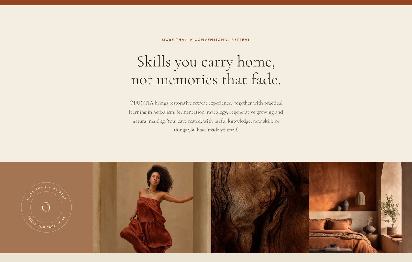 Intro section: Skills you carry home, not memories that fade, above a strip of warm images