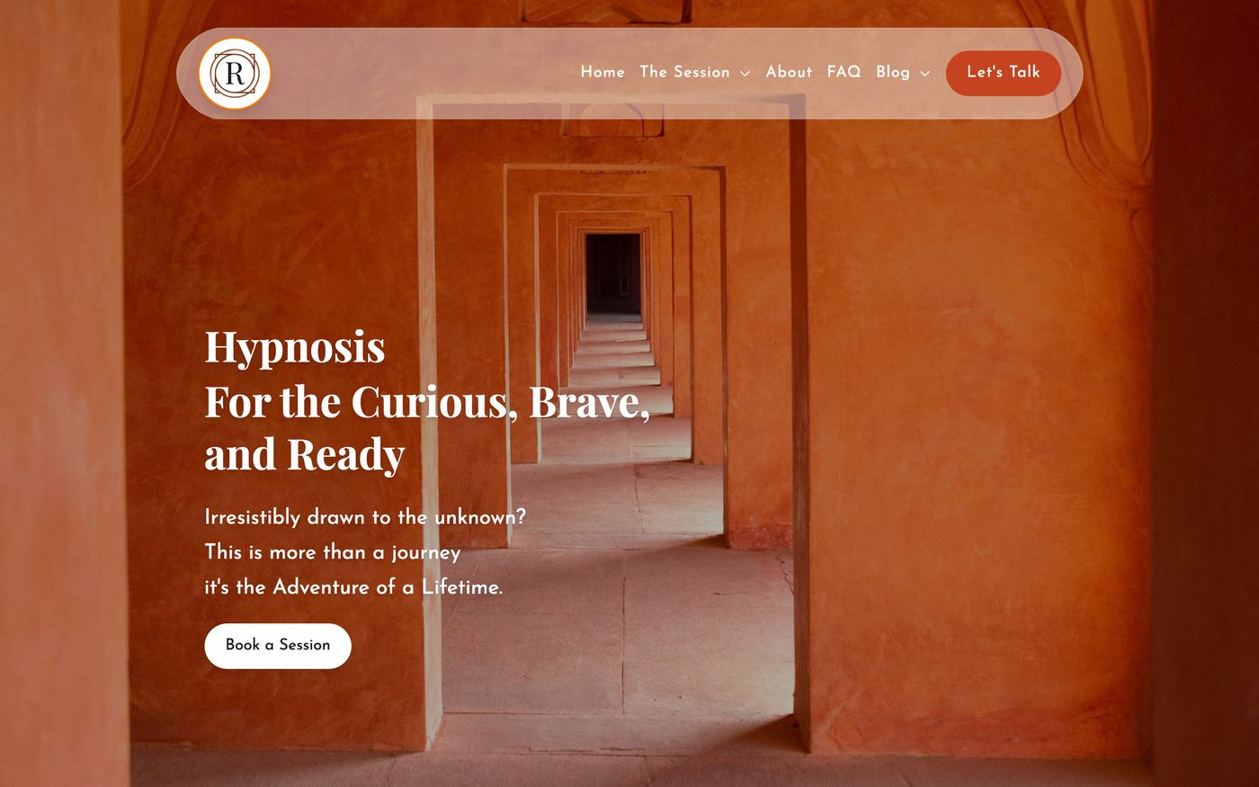 ReTurn homepage: a corridor of terracotta doorways behind the headline Hypnosis for the Curious, Brave, and Ready